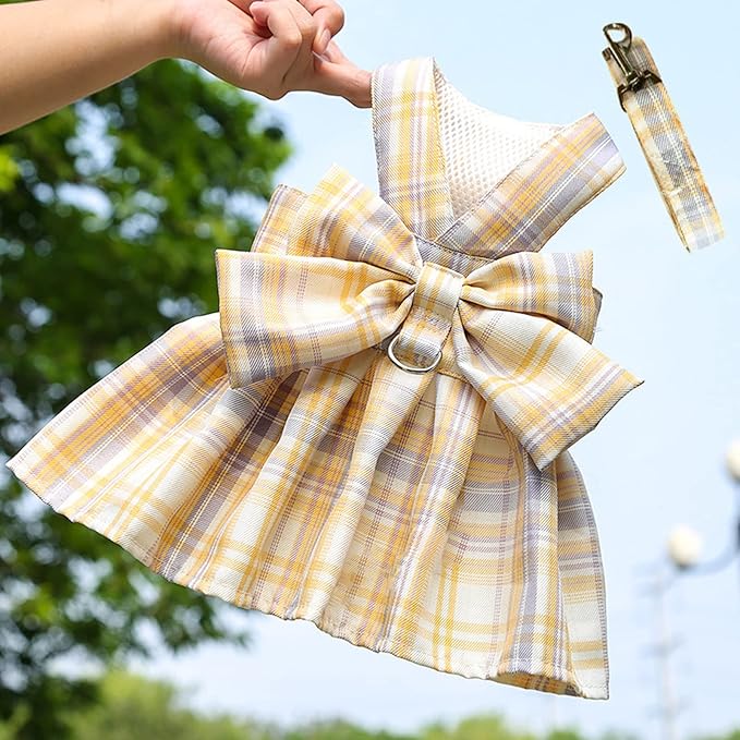 Dog Harness and Leash Set, Cute Bow Tie Plaid Harnesses for Puppy Cat, Adjustable Pet Kitties Vest, Breathable Harness Traction Rope for Boy Girl Small Animal(Skirt White,2XL for 15.4-22lbs Dog)