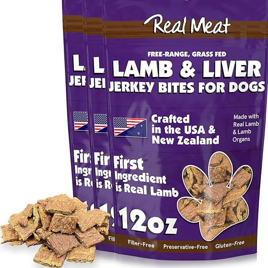 Real Meat Dog Treats - Three 12oz Bag of Bite-Sized Air-Dried Lamb & Liver Jerky for Dogs - Grain-Free Jerky Treats Made up of 95% Free-Range, Grass Fed Lamb - All-Natural Treats
