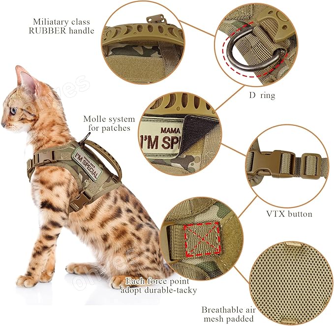 Tactical Cat Harness for Walking Escape Proof, Soft Mesh Adjustable Pet Vest Harness for Large Cat,Small Dog (L, Khaki)