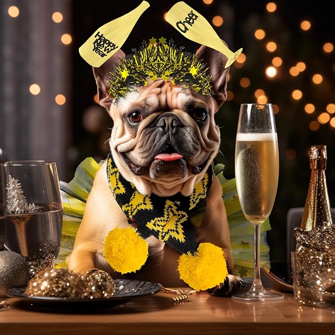 3 Pcs New Year Dog Costume Set Including Wine Glass Headband Happy New Year Dog Tutu Dress Cute Pet Tutu Gold and Black Star Pet Scarf for Medium Animal Holiday Outfit Accessory