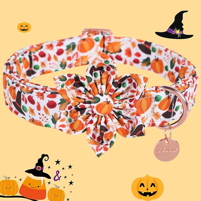 DOGWONG Fall Dog Collar with Bowtie - Fall Thanksgiving Dog Collar Soft Cotton Autumn Dogs Necklace - Halloween Puppy Necklace for Small Medium Large Dogs
