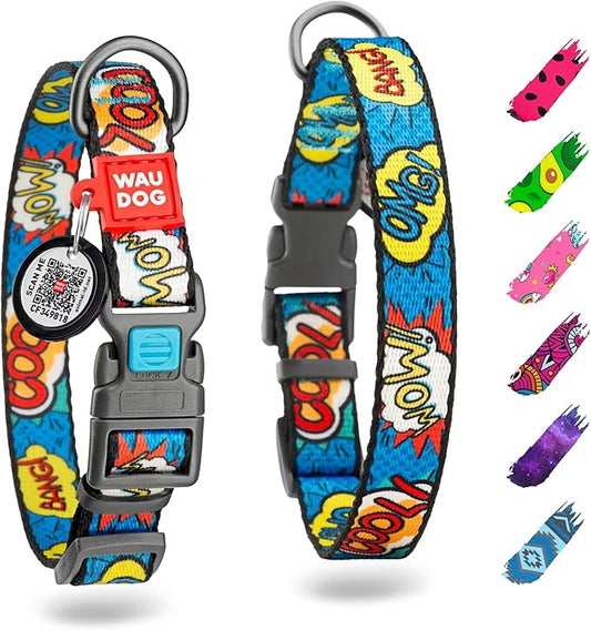 WAUDOG Nylon Dog Collar - Adjustable Dog Collar for Large Dogs, Small & Medium Dogs - Breakaway Puppy Collars for Large Breed Dogs - Boy & Girl Dog Collars with Durable Plastic Buckle and QR Dog Tag