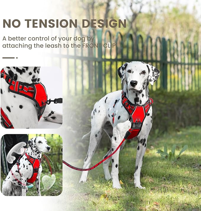FURRYFECTION Dog Harness | No Pull Dog Harness | Reflective Oxford | Padded Handle | 4 Adjustable Straps | 2 Leash Clips | No Choke Pet Vest Harness for Small Medium Large Dogs | Red | L