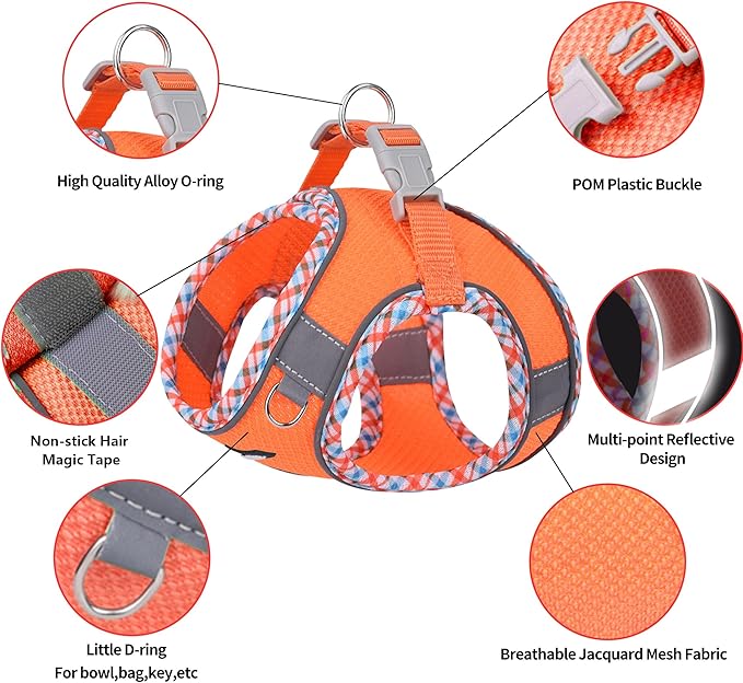 AIITLE Small Dog Harness - Breathable Double-Layer Jacquard No-Choke Vest, Durable Anti-Tear Fabric with Reflective Trim - Perfect for Running, Parties, Daily Walks (Orange, XS)
