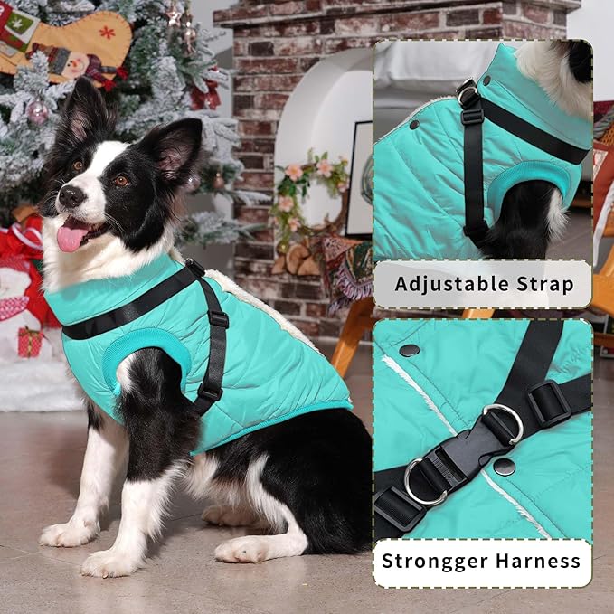 Dog Jacket with Harness,Fleece Lined Warm Puppy Coat for Winter,Soft Windproof Small Dog Vest,Bluegreen XS