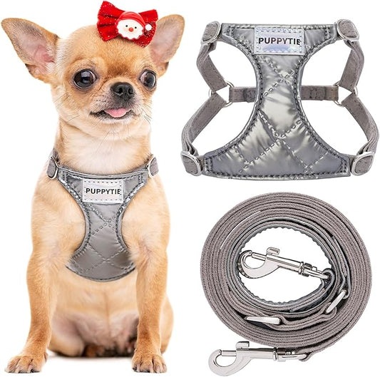 Puppytie No Pull xs Dog Harness with Multifunction Dog Leash,Soft Adjustable No Choke Escape Proof Pet Harness Vest,Glossy Grey,XXS