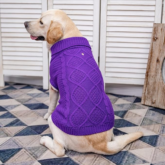 Mihachi Turtleneck Dog Sweater - Winter Coat Apparel Classic Cable Knit Clothes with Leash Hole for Cold Weather, Ideal Gift for Pet in New Year Purple Medium/Large