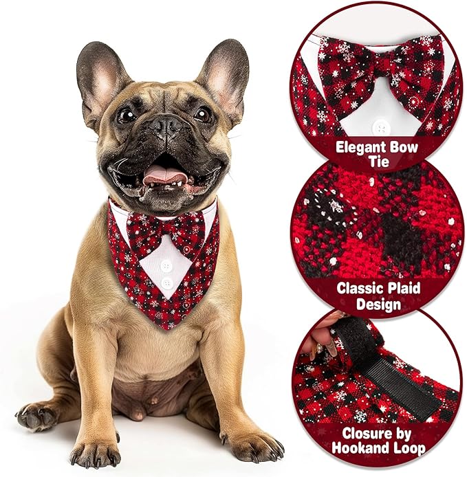 Cyeollo 2 Pack Christmas Tuxedo Bandana - Adjustable Red Plaid Dog Outfit With Bow Tie Costume for Small Dogs Cats, S