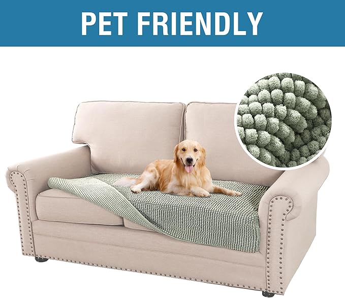 H.VERSAILTEX Plush Chenille Dog Bed Cover Thick Soft Loveseat Cover for 2 Cushion Couch Anti Slip Couch Cover Furniture Protector for Dog, Pet, Cat (35" x 62", Sea Foam)