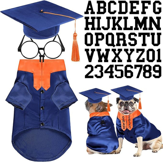 5 Pcs Dog Graduation Costume Set Include 2025 Pet Graduation Gown with Stole Puppy Grad Cap Lensless Glasses DIY Letter Stickers for Dogs Cats Holiday Costume Accessory(Blue Orange,M)