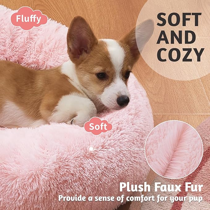 OhGeni Calming Donut Dog Bed Pillow for Small Medium Pets, Machine Washable Removable Cover, Comfort Plush Fluffy Faux Fur with Anti-Slip Bottom, Cats-Friendly Round Cuddly Design, Pink, 23 inches