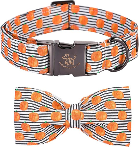 Elegant little tail Halloween Dog Collar, Pumpkin Print Pet Collar Bowtie Dog Collar Holiday Adjustable Pet Gift Collars for Small Medium Large Dogs