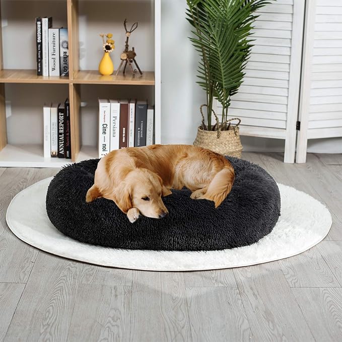 Coohom Oval Calming Donut Cuddler Dog Bed,Shag Faux Fur Cat Bed Washable Round Pillow Pet Bed(30"/36"/43") for Small Medium Dogs (XXL(43"x34"x8"), Dark Grey)