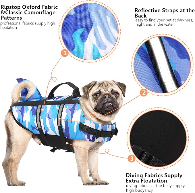 Queenmore Dog Life Jacket Pet Safety Vest High Buoyancy Camouflage Color Cute Shark with Strong Rescue Handle and Leash Ring for Boating, Canoeing, Surfing, Hunting, Blue L