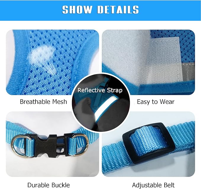 FEimaX Dog Harness and Leash Set for Walking, Soft Mesh Adjustable Easy Control Lightweight Cat Vest Harnesses with Reflective Strips, Escape Proof Small Dogs Cats Vests (Azure, Small)