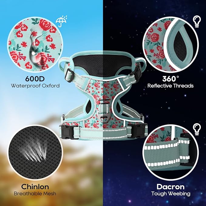 Timos Dog Harness, No-Pull Pet Harness with 2 Leash Clips, Adjustable Soft Padded Dog Vest, Reflective Outdoor Pet Oxford Vest with Easy Control Handle,Cyan,XS