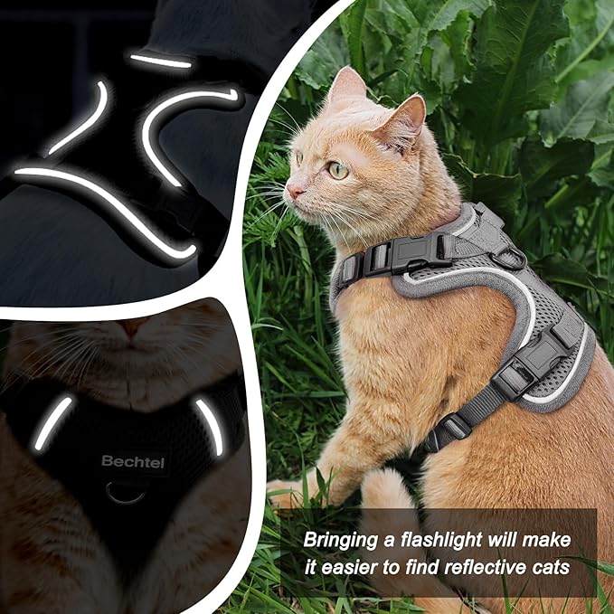 Cat Harness and Leash Set for Walking Escape Proof, Adjustable Soft Kittens Vest with Reflective Strip for Cats, Comfortable Outdoor Vest, Cat Car Leash, Grey, XS