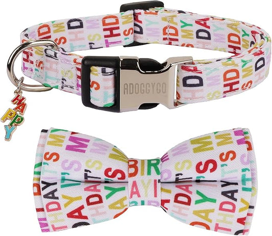 ADOGGYGO Birthday Dog Collar with Bowtie, Pet Birthday Collar with Detachable Bow, Adjustable Bowtie Collars for Small Medium Large Dogs (Large)