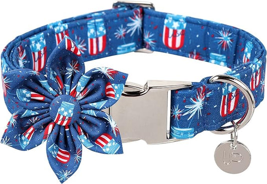 4th of July Dog Collar with Bow Tie, Patriotic Flower Dog Collar, American Flag Collar for X-Large Boy Girl Dog, Comfortable Summer Flower Collar with Metal Buckle, XL