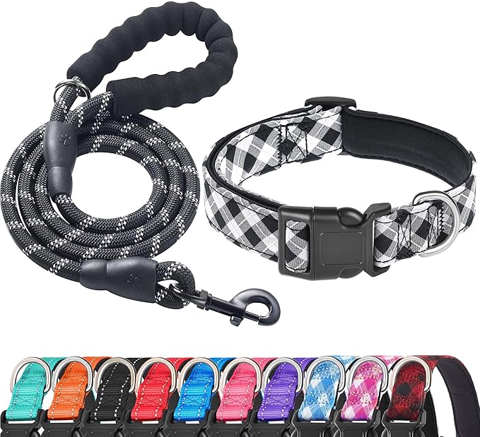 Reflective Dog Collar Padded with Soft Neoprene Breathable Adjustable Nylon Dog Collars for Small Medium Large Dogs (Large (Pack of 1), Black Plaid Collar+Leash)