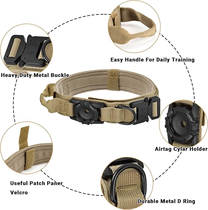 Tactical AirTag Dog Collar - Heavy Duty, Adjustable GPS Collar Compatible with Apple AirTag, with Holder & Control Handle for Medium/Large Dogs [ Brown, L ]