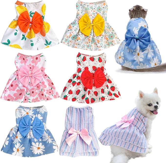 6 Pieces Dog Dresses for Small Dogs Girls, Cute Princess Puppy Kitten Dog Dresses with Flowers and Bowknot for Pet Cats, Small Dogs' Outfits Female Pet Skirts Clothes for Chihuahua Yorkies
