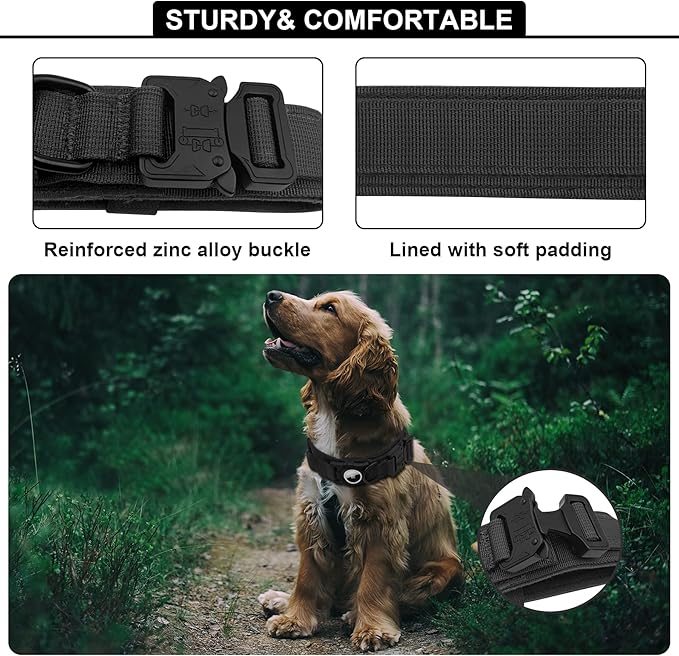 Tactical AirTag Dog Collar Leash Set - Heavy Duty, Adjustable GPS Collar Compatible with Apple AirTag, with Holder & Control Handle for Medium/Large Dogs [ Black, M ]