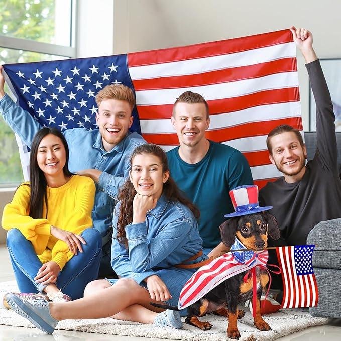 JaGely 3 Pcs Dog 4th of July Outfit Independence Day Costume Set Includes Dog Top Hat, American Flag Bow Tie Collar and American Flag Cape Pet Clothes for Dogs Puppy Cats Kitten(M)