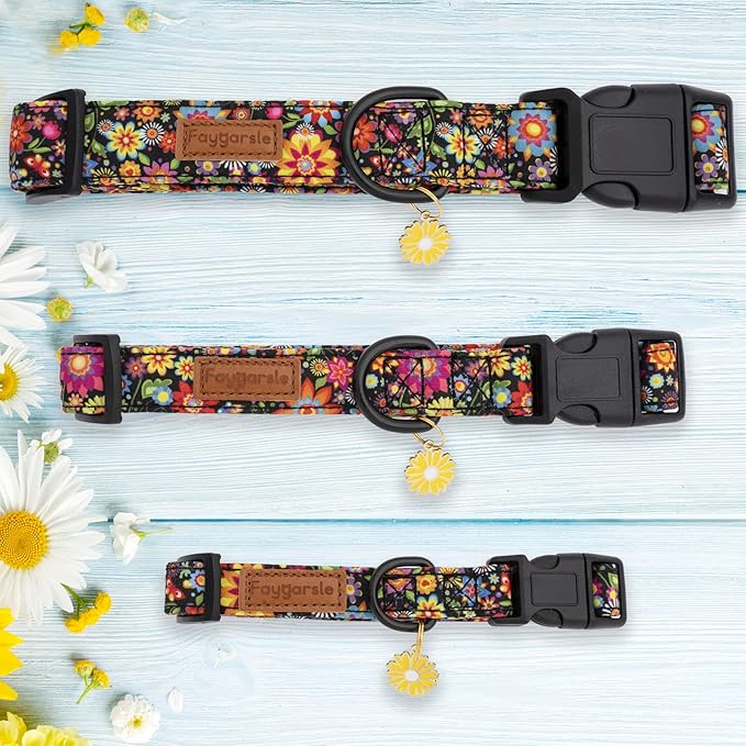 Faygarsle Floral Dog Collar for Girls and Female Dogs Soft and Fancy Pet Collar with Flower Design Ideal Black Dog Collar for Small Medium Large Dogs M