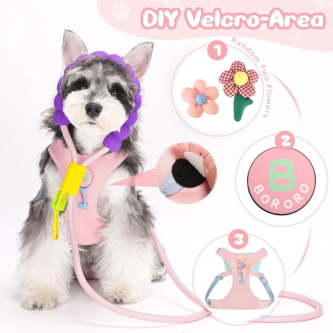 Dog Harness and Leash Set with 2 Flower Patches, No Pull Adjustable Puppy Harness, Step in No Chock Dog Vest for Small Medium Dogs Puppy and Cats(Pink, XS)