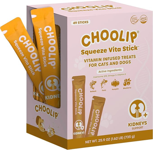 Squeeze Vita Stick Lickable Treats for Dogs & Cats. 49 Kidney Support Sticks with Essential multivitamins. Soft and Tasty Paste for All Life Stages, Supporting Kidney Health