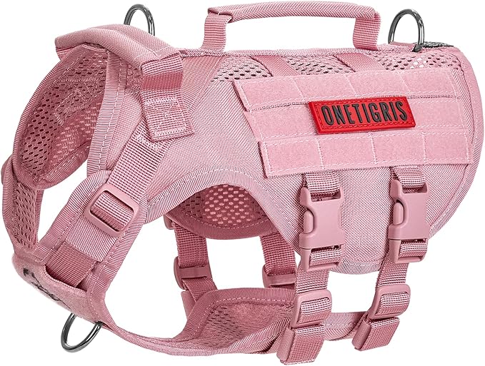 OneTigris Tactical Dog Harness for Small Dogs, No Pull Vest With Handles, Breathable Military Molle Vest for Walking Hiking Training (Pink, XS)