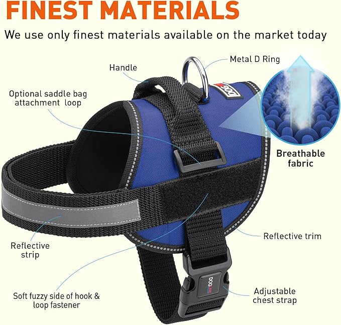 Dogline Dog Harness, Reflective No-Pull Adjustable Vest with Handle for Walking, Training, Breathable, No - Choke Harness for Small, Medium or Large Dogs Room for Patches Girth 33"-46" in Cyan Blue