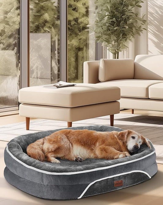 OhGeni Orthopedic Dog Couch Large Sized Pet Beds for Fathers Gifts with Comfort Foam Support, Soft Indestructible Fabric, Machine Washable Waterproof Removable Cover, 35-Inch (Gray)