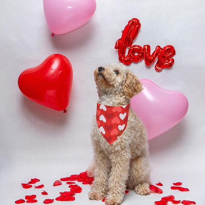 ADOGGYGO Valentine Dog Bandana, Red Blue Heart Love Pet Scarf, Adjustable Fit Pet Valentine Bandanas for Small Dogs (Small)