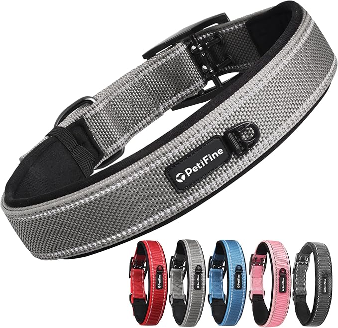 PetiFine Neoprene Padded Dog Collar, Heavy Duty Comfort Dog Collar with Durable Metal Buckle, Reflective Adjustable Belt Buckle Dog Collars for Small Medium Large Dogs(24''-28'', Grey)