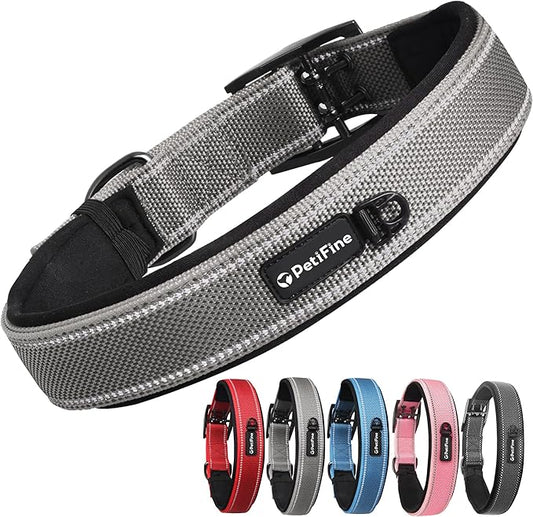 PetiFine Neoprene Padded Dog Collar, Heavy Duty Comfort Dog Collar with Durable Metal Buckle, Reflective Adjustable Belt Buckle Dog Collars for Small Medium Large Dogs(24''-28'', Grey)