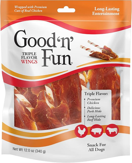 Good 'n' Fun Triple Flavor Wings Chews for All Dogs, 12 Ounces, Treat Your Dog to Long-Lasting Chews Made with Chicken, Pork Hide and Beef Hide