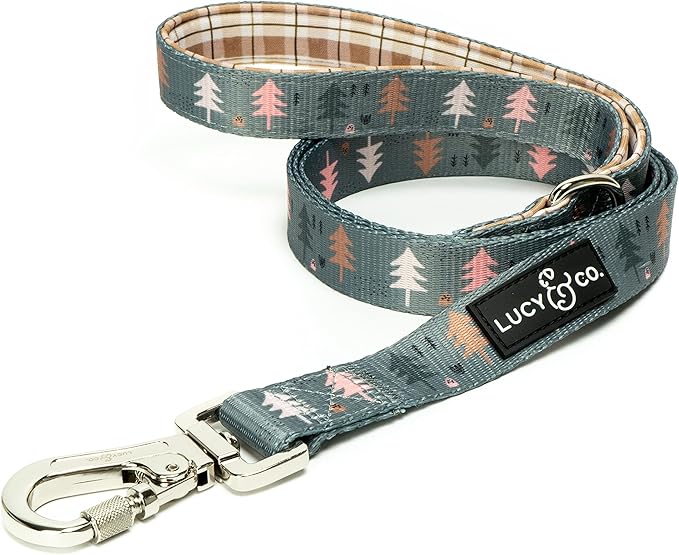 Lucy & Co. Designer Dog Leash - Pet Accessories - Thick Dog Leash - Padded Handle for Comfort - Purple with Green Floral - 5 Foot (Neutral Brown Plaid Blue Trees, Small)