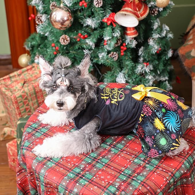 CuteBone Happy New Year Dog Dresses Velvet Holiday Small Dogs Clothes Onesie Pet Apparel Girl Puppy Skirt with Bow Hair Rope CVA56XS-D