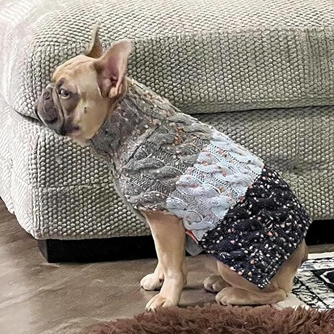 KYEESE Color Block Sweater With Fuzzy Thread Knitted Turtleneck Knitwear With Dots in Variety of Colors for Small Dogs Fall Winter Clothes, Navyblue, L