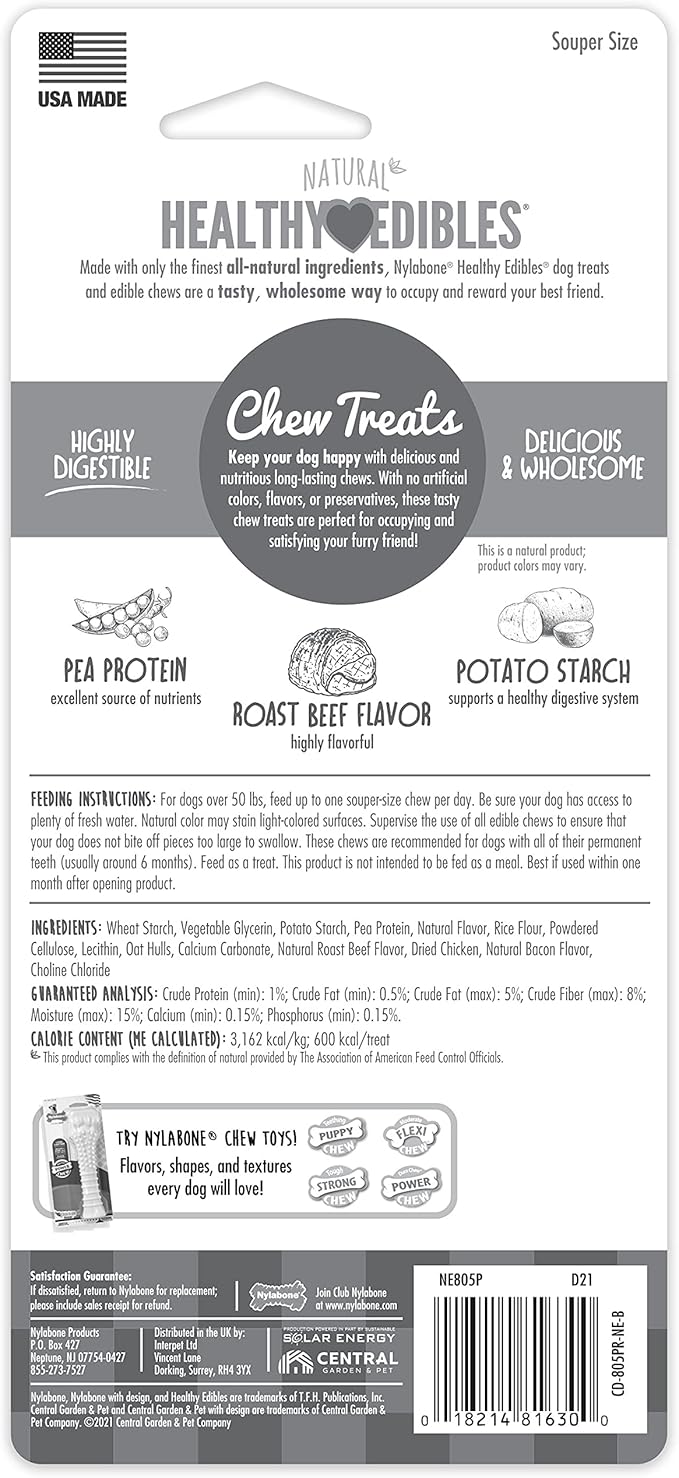 Nylabone Healthy Edibles Natural Dog Chews Long Lasting Roast Beef Flavor Treats for Dogs, X-Large/Souper (1 Count)