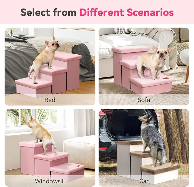 Dog Stairs with Furry Lids 18" H, 3-Step Wider Dog Steps with Storage for Small/Medium/Large Dogs Cats, Folding Sturdy Pet Stairs Climbing Bed or Sofa, Ramp for Car Hold Up to 200 lbs, Pink