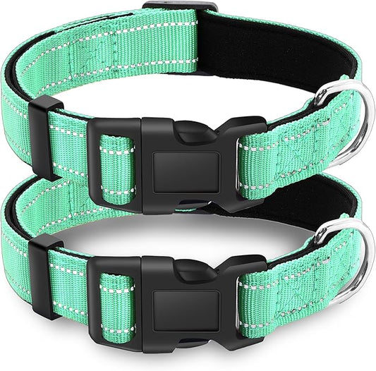 2 Pack Reflective Dog Collar with Safety Locking Buckle, Adjustable Soft Breathable Comfortable Nylon Pet Collar for Small, Medium and Large Dogs, Turquoise, L