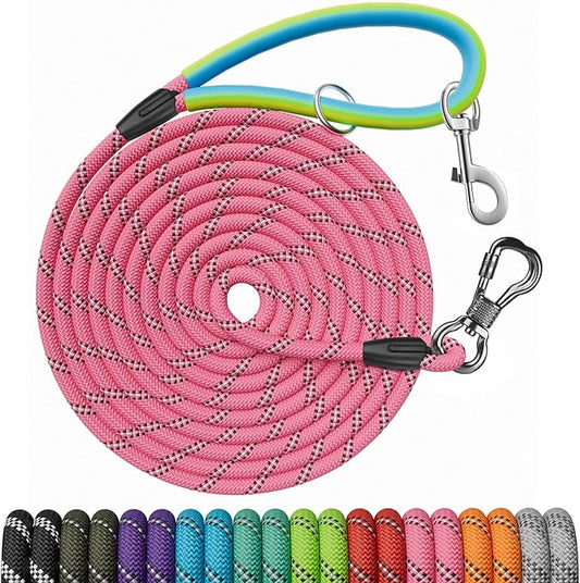NTR Dog Long Leash, 30FT Recall Training Lead, with 2 Swivel Hooks, Reflective Threads and Soft Rubber Handle, Puppy Leash for Walking, Hunting, Camping for Small Medium Large Dogs-Pink