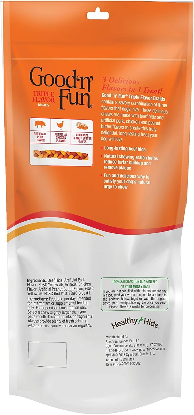 Good'n'Fun Triple Flavor 9" Rawhide Braid 4 ct, Pack of 12, P-94290