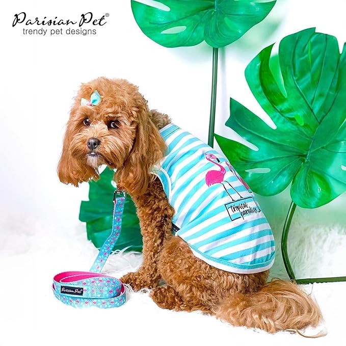 Parisian Pet Dog Tshirt - Embroidered “ Flamingos “ Tank Top - 100% Cotton and Lightweight Dog Clothes - Sleeveless Tee Shirts - Machine Washable Shirt for Small Dogs - Pet Vest - S