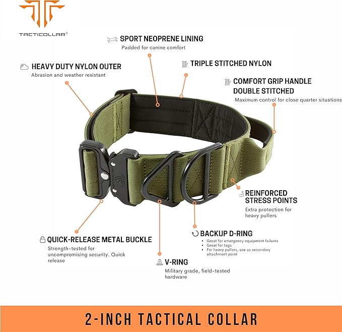 2 inch Tactical Dog Collar with Handle for Medium and Large Dogs, Mil Spec Nylon Collar, Quick-Release Metal Buckle, Neoprene Padded Inside (Large, Olive Green)