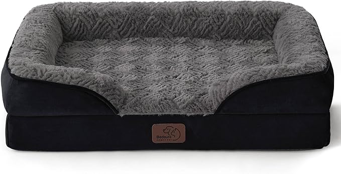 Bedsure Small Orthopedic Dog Bed - Calming Dog Sofa for Small Dogs with Luxurious Short Plush, Pet Couch Bed with Removable Washable Cover, Waterproof Lining and Nonskid Bottom, Black