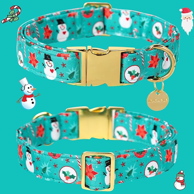 Christmas Dog Collar, Cotton Christmas Collar for Puppy Girl Dog or Cat, Green Dog Collar Flower with Durable Metal Buckle, Christmas Snowman Gift Pet Collar, M